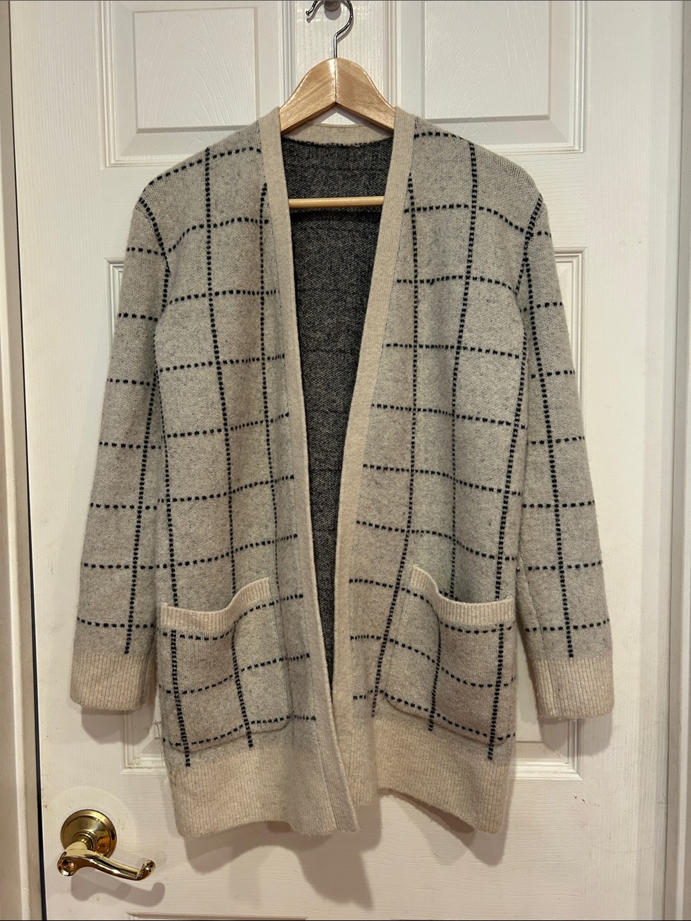 Madewell Beige Grid Open-Front Pocket Cardigan